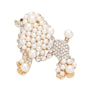 Cream Pearl Poodle Dog Rhinestone Crystal 2.25 Inch Gold Brooch Pin Accessory
